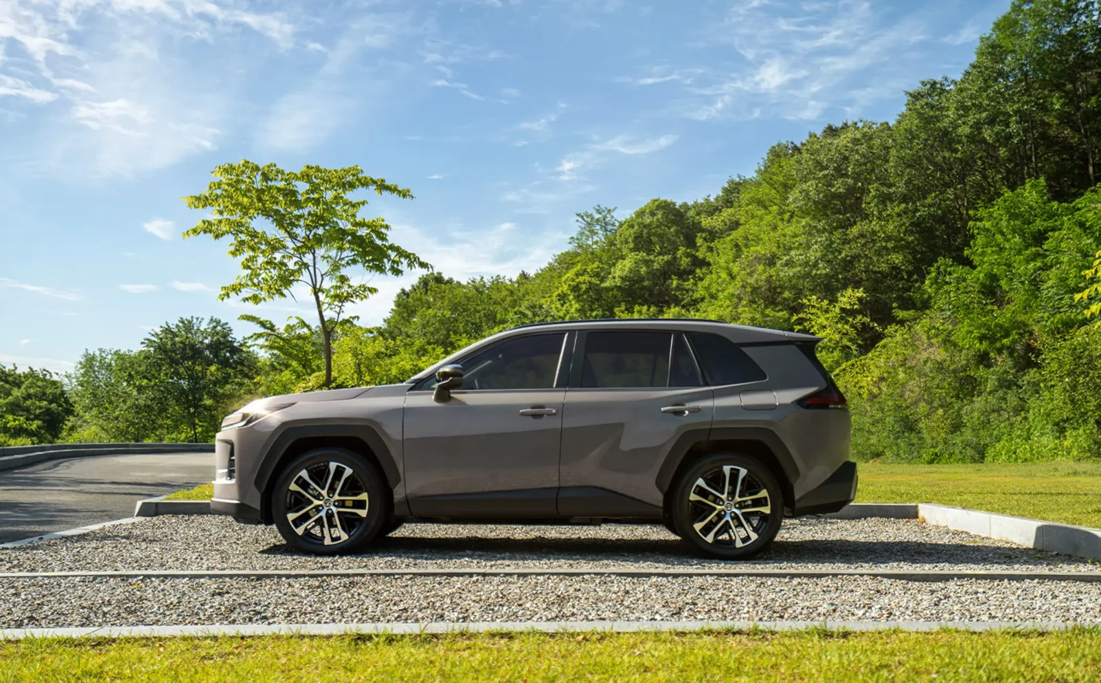 나무가 있는 주차 공간에 세워진 토요타 RAV4 HEV의 옆모습